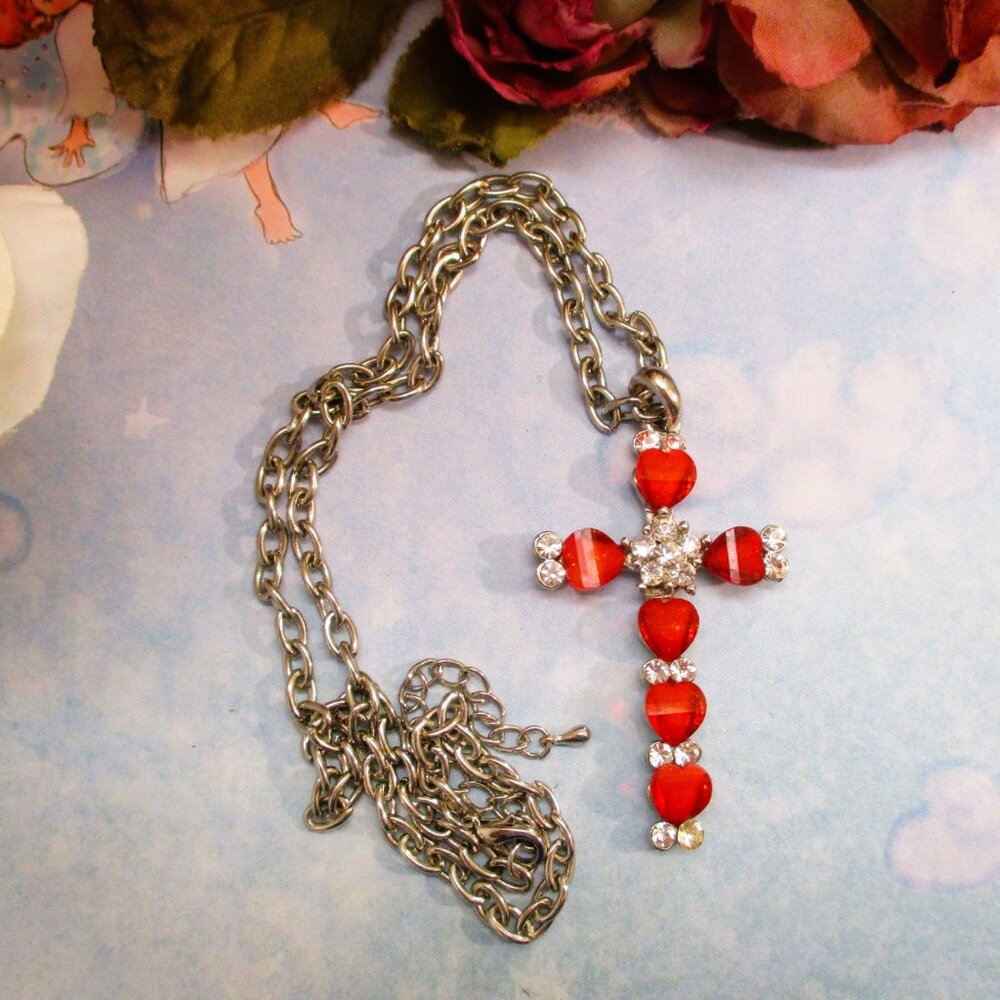 VINTAGE Red Heart Cross Pendant Necklace ~ Crystal Rhinestone Silver Cross